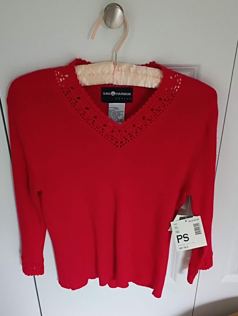 Sag Harbor Bright Red V‑Neck Sweater with Crochet Trim NWT